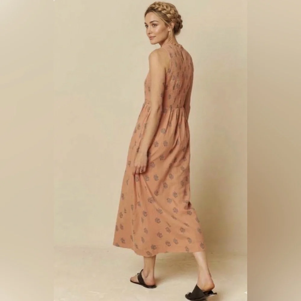 Indi&Cold women’s 100% organic cotton elastic waist sleeveless mid dress peach S - Picture 2 of 10